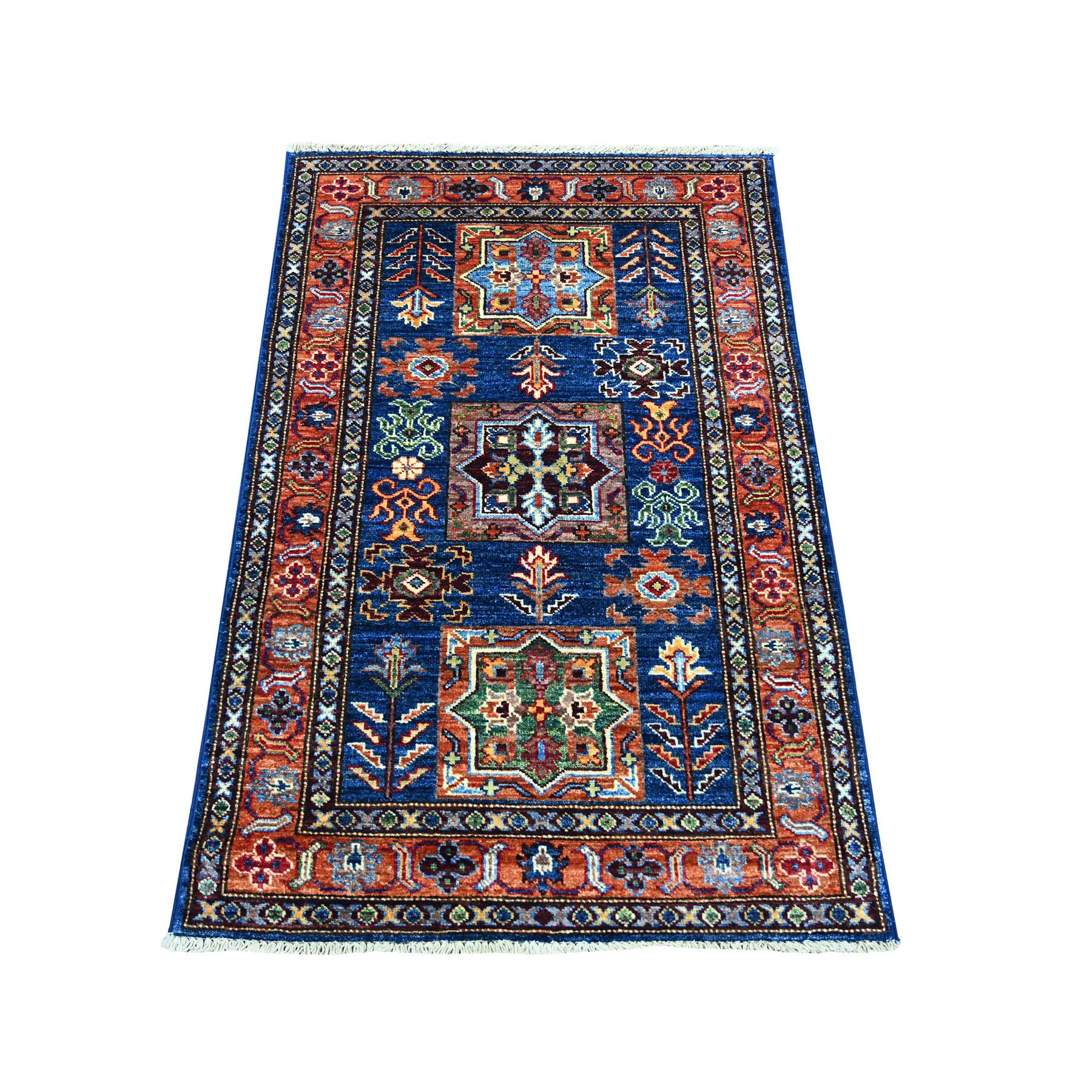 2'9"x4'1" Navy Blue, Vegetable Dyes, Afghan Super Kazak with Geometric Medallions Design, Hand Knotted, Pure Wool, Sample, Mat, Oriental Rug 